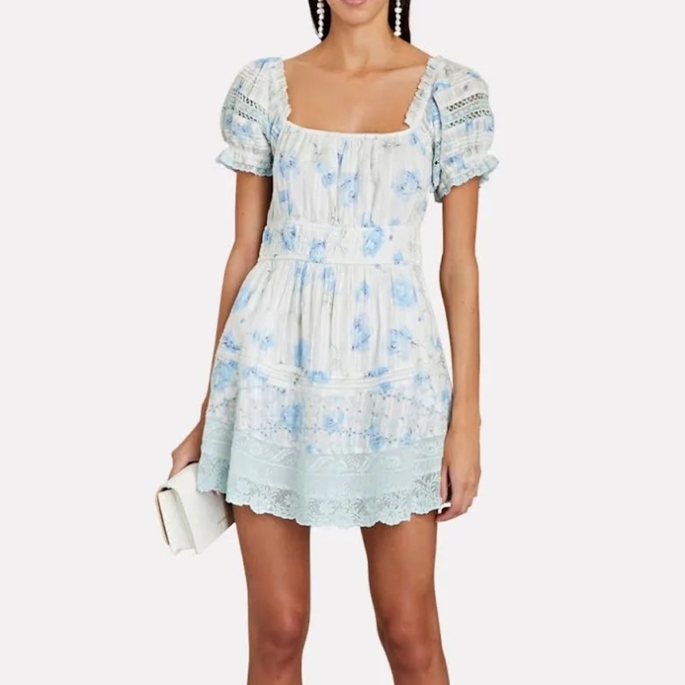LoveShackFancy Women's Blue Lilium Embroidered Cotton Mini Dress Size S EUC